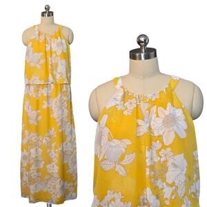 Chico's Sunny Yellow Floral Print Flowy Maxi Dress Long 1 Medium 8
